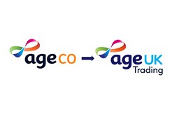 Age Co logo with arrow pointing to Age UK Trading logo