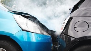 Blue car with damaged bonnet crashed into back of black car