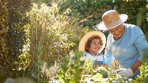 Grandmother and grandchild gardening together in the sunshine