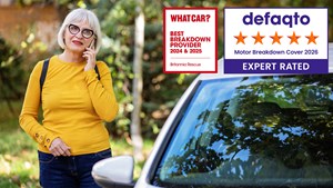 image of woman calling breakdown service and 2 award logos over image defaqto and what car