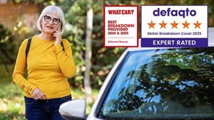 Lady on the phone standing next to a browk down car 