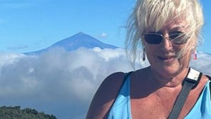 Mandy May, 65, in front of the volcano of Mount Teid, Tenerife
